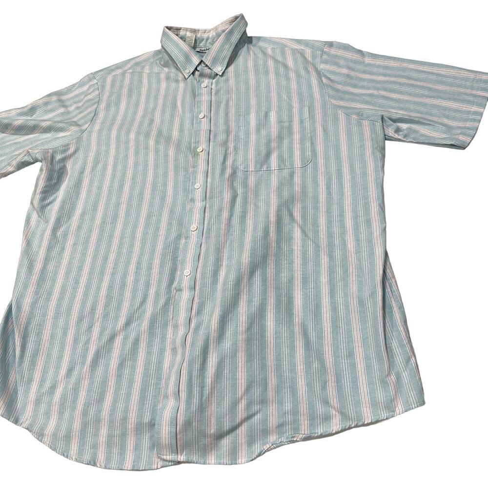 Saddlebrook Mens Button Up Shirt XXL Blue Pink White Striped Short Sleeve STAIN